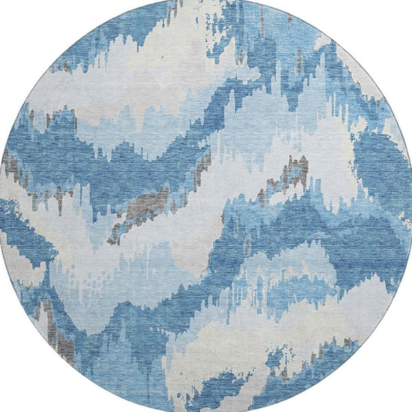 HomeRoots 8' Blue And Ivory Abstract Round Rug - Washable, UV Protected, Stain Resistant for High Traffic Areas 668630