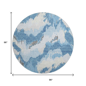 HomeRoots 8' Blue And Ivory Abstract Round Rug - Washable, UV Protected, Stain Resistant for High Traffic Areas 668630