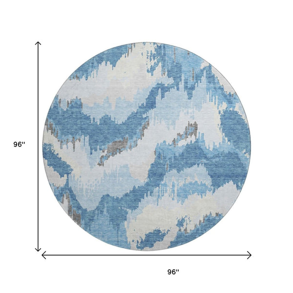 HomeRoots 8' Blue And Ivory Abstract Round Rug - Washable, UV Protected, Stain Resistant for High Traffic Areas 668630