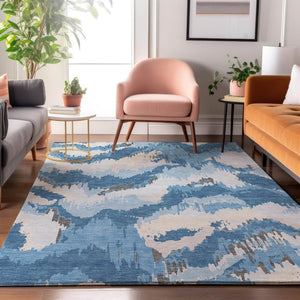 HomeRoots 8' X 10' Blue and Ivory Abstract Area Rug - Washable, UV-Protected, Stain-Resistant for Homes! 668631