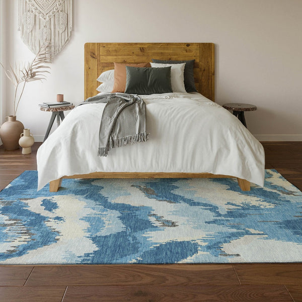 HomeRoots 8' X 10' Blue and Ivory Abstract Area Rug - Washable, UV-Protected, Stain-Resistant for Homes! 668631