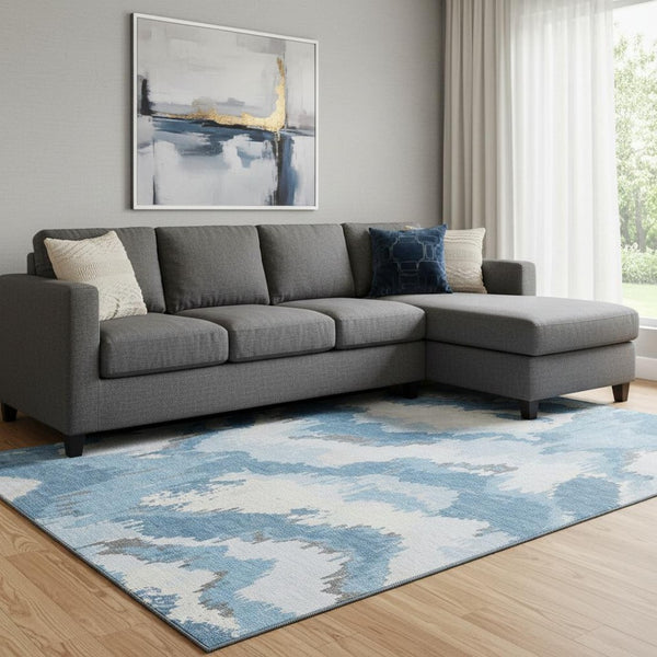 HomeRoots 8' X 10' Blue and Ivory Abstract Area Rug - Washable, UV-Protected, Stain-Resistant for Homes! 668631