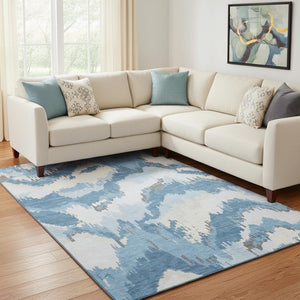 HomeRoots 9' X 12' Blue Ivory Abstract Area Rug - Washable, UV Protected, Durable, Modern Design for Homes 668632