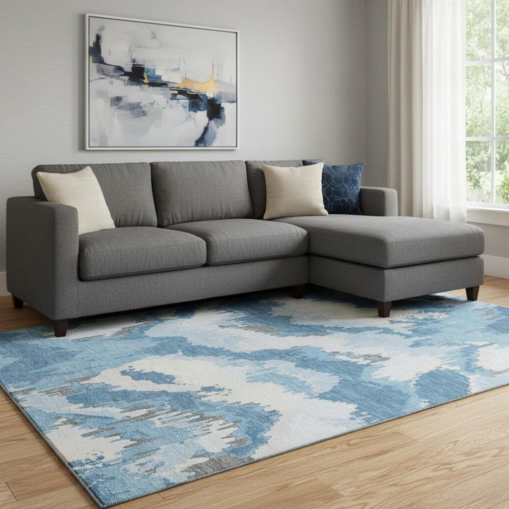 HomeRoots 10' X 14' Blue and Ivory Abstract Area Rug - Washable, UV-Protected, Stylish, and Durable for Every Home 668633