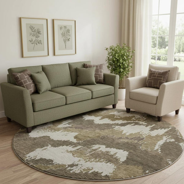 HomeRoots 8' Brown and Beige Abstract Modern Round Rug - Washable, UV Protected, Perfect for Busy Homes 668636