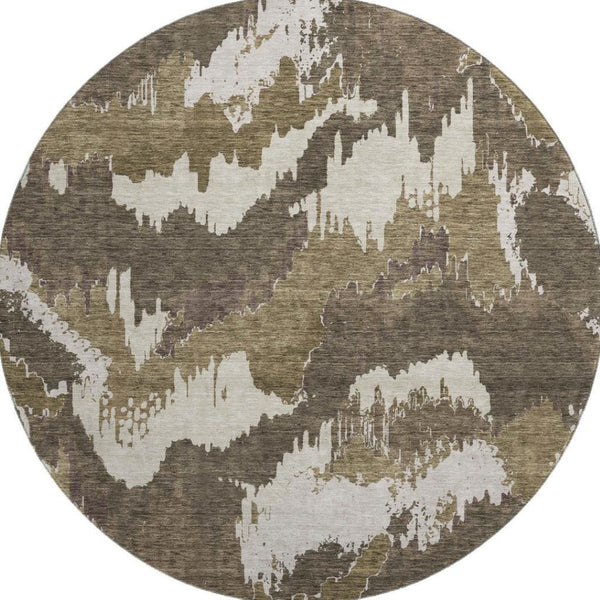 HomeRoots 8' Brown and Beige Abstract Modern Round Rug - Washable, UV Protected, Perfect for Busy Homes 668636