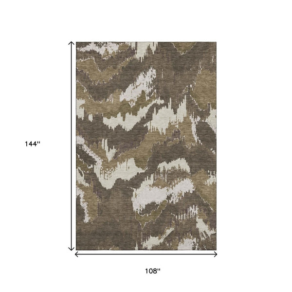 HomeRoots 9' X 12' Abstract Washable Area Rug in Brown & Beige - Durable, UV-Protected, Modern Décor Essential 668638