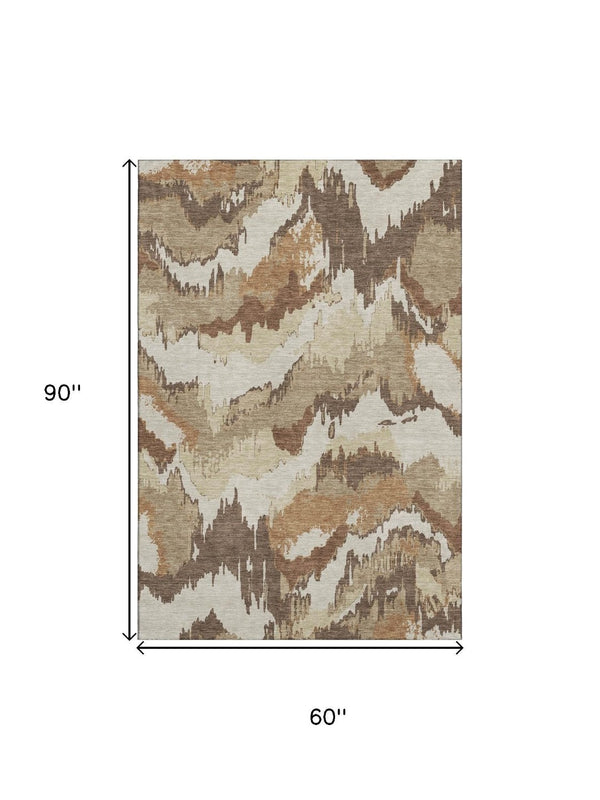 HomeRoots 5' X 8' Abstract Chocolate Ivory Beige Area Rug - Washable, UV Protected, Perfect for Busy Homes! 668641