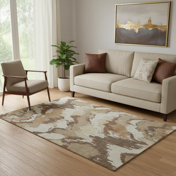 HomeRoots 5' X 8' Abstract Chocolate Ivory Beige Area Rug - Washable, UV Protected, Perfect for Busy Homes! 668641