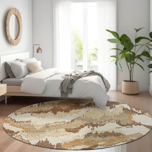 HomeRoots 8' Chocolate Ivory and Beige Abstract Washable Round Rug – UV Protected, Stain-Resistant Beauty 668642
