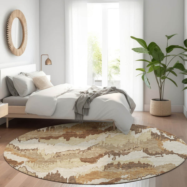 HomeRoots 8' Chocolate Ivory and Beige Abstract Washable Round Rug – UV Protected, Stain-Resistant Beauty 668642