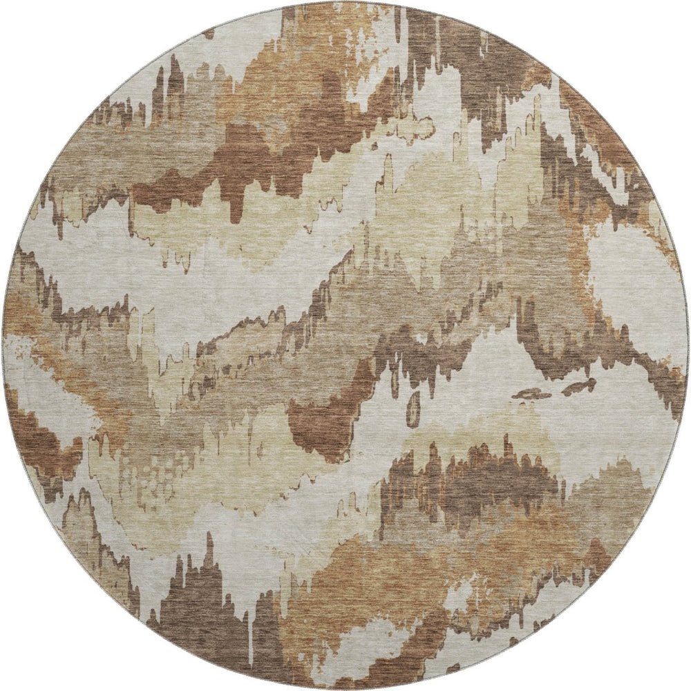 HomeRoots 8' Chocolate Ivory and Beige Abstract Washable Round Rug – UV Protected, Stain-Resistant Beauty 668642
