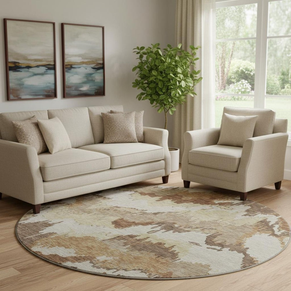 HomeRoots 8' Chocolate Ivory and Beige Abstract Washable Round Rug – UV Protected, Stain-Resistant Beauty 668642