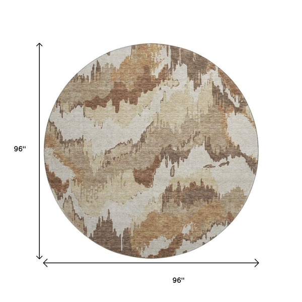 HomeRoots 8' Chocolate Ivory and Beige Abstract Washable Round Rug – UV Protected, Stain-Resistant Beauty 668642