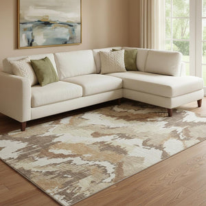 HomeRoots 8' X 10' Washable Area Rug in Chocolate, Ivory & Beige - Modern Abstract Design with UV Protection 668643