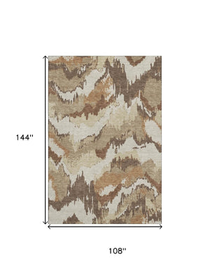 HomeRoots 9' X 12' Washable Abstract Area Rug in Chocolate, Ivory & Beige - Stain-Resistant & UV Protected! 668644