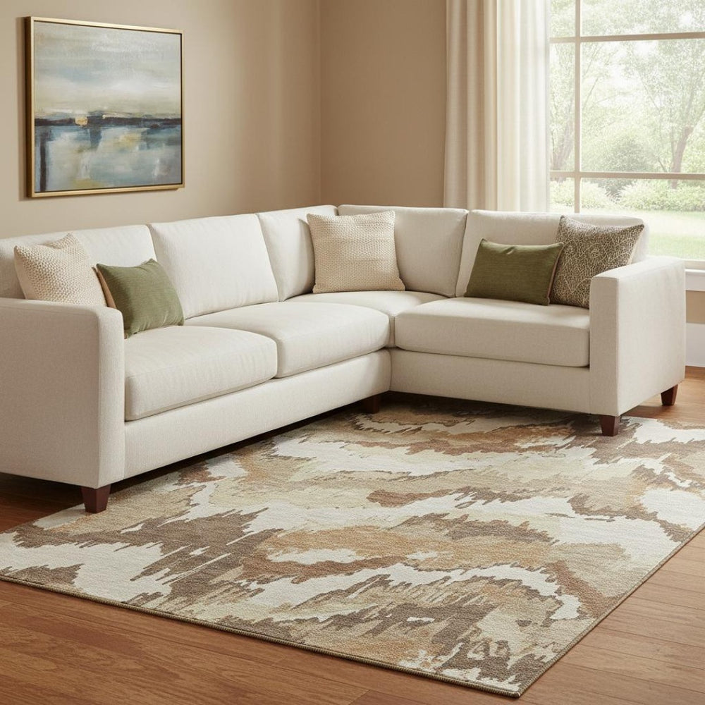 HomeRoots 9' X 12' Washable Abstract Area Rug in Chocolate, Ivory & Beige - Stain-Resistant & UV Protected! 668644