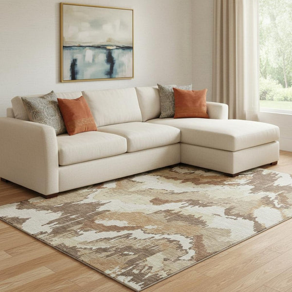 HomeRoots 10' X 14' Washable Area Rug - Stylish Chocolate, Ivory & Beige Abstract Design with UV Protection 668645