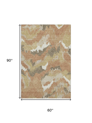 HomeRoots 5' X 8' Abstract Copper Gold Ivory Area Rug - Washable, UV Protected, Durable & Easy Care Design! 668647
