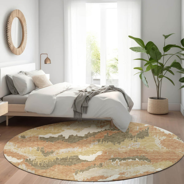 HomeRoots 8' Copper Gold & Ivory Abstract Washable Round Rug - Stylish, Durable, UV-Protected for Modern Homes 668648