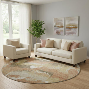 HomeRoots 8' Copper Gold & Ivory Abstract Washable Round Rug - Stylish, Durable, UV-Protected for Modern Homes 668648