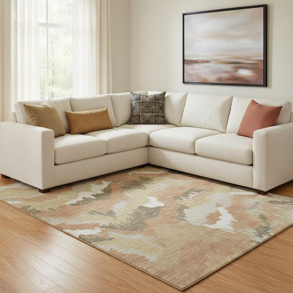 HomeRoots 8' x 10' Stylish Copper Gold Ivory Abstract Area Rug - Washable, UV Protected, Stain Resistant Design 668649