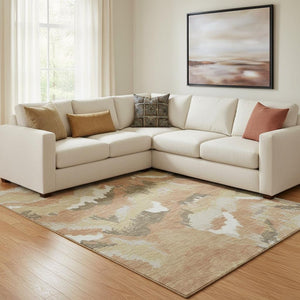 HomeRoots 8' x 10' Stylish Copper Gold Ivory Abstract Area Rug - Washable, UV Protected, Stain Resistant Design 668649