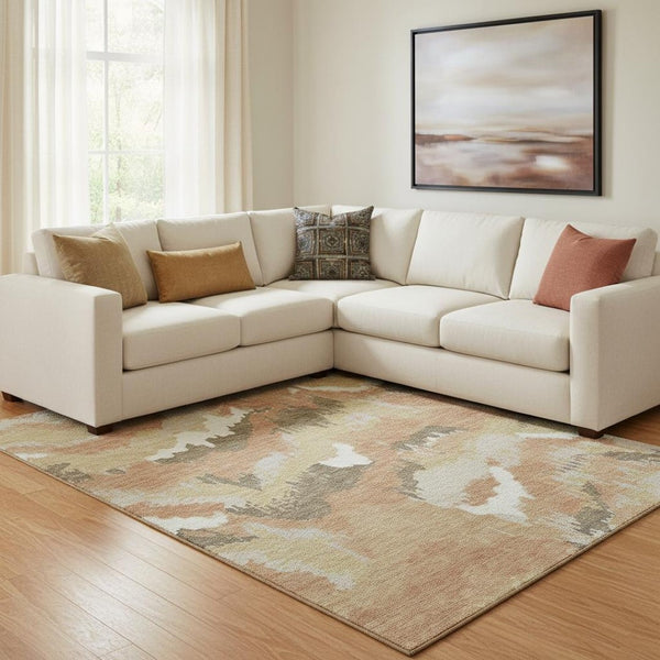 HomeRoots 8' x 10' Stylish Copper Gold Ivory Abstract Area Rug - Washable, UV Protected, Stain Resistant Design 668649