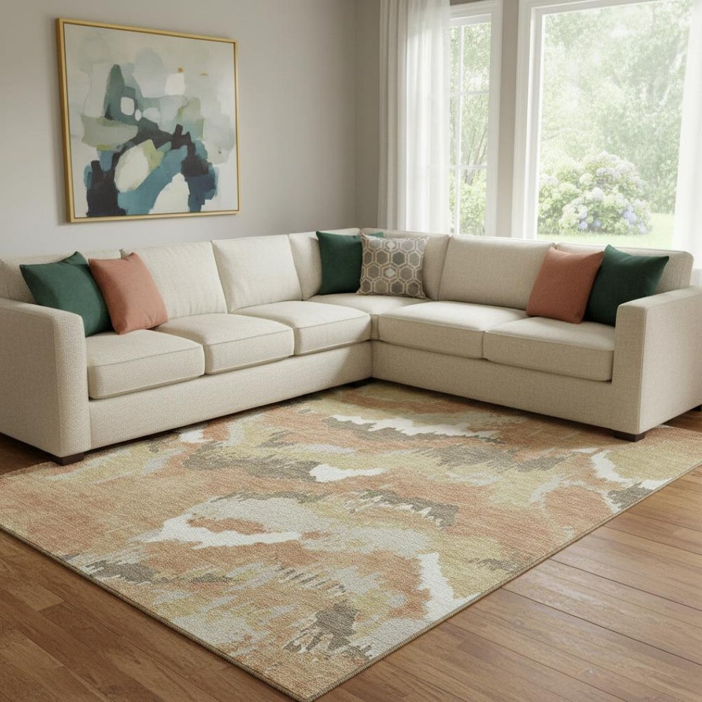 HomeRoots 9' X 12' Contemporary Copper Gold Ivory Abstract Area Rug - Washable, UV Protected, Stain Resistant 668650