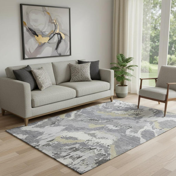 HomeRoots 5' X 8' Gray Gold And Ivory Abstract Area Rug - Washable, UV Protected, Stain Resistant, Durable Design 668653