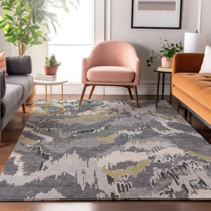 HomeRoots 5' X 8' Gray Gold And Ivory Abstract Area Rug - Washable, UV Protected, Stain Resistant, Durable Design 668653