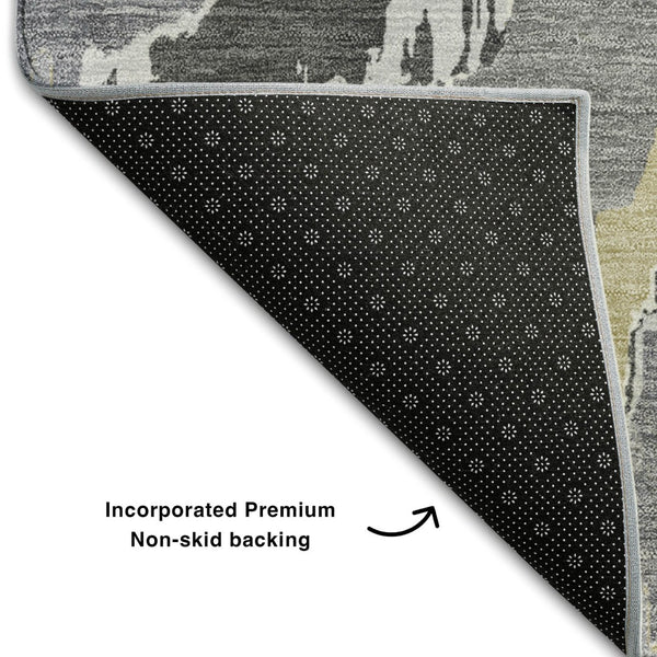 HomeRoots 5' X 8' Gray Gold And Ivory Abstract Area Rug - Washable, UV Protected, Stain Resistant, Durable Design 668653