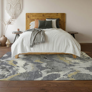 HomeRoots 5' X 8' Gray Gold And Ivory Abstract Area Rug - Washable, UV Protected, Stain Resistant, Durable Design 668653