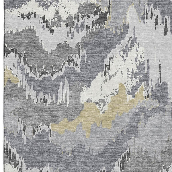 HomeRoots 5' X 8' Gray Gold And Ivory Abstract Area Rug - Washable, UV Protected, Stain Resistant, Durable Design 668653