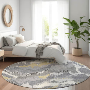 HomeRoots 8' Contemporary Gray Gold Ivory Abstract Washable Round Rug – UV Protected, Stain Resistant Design! 668654
