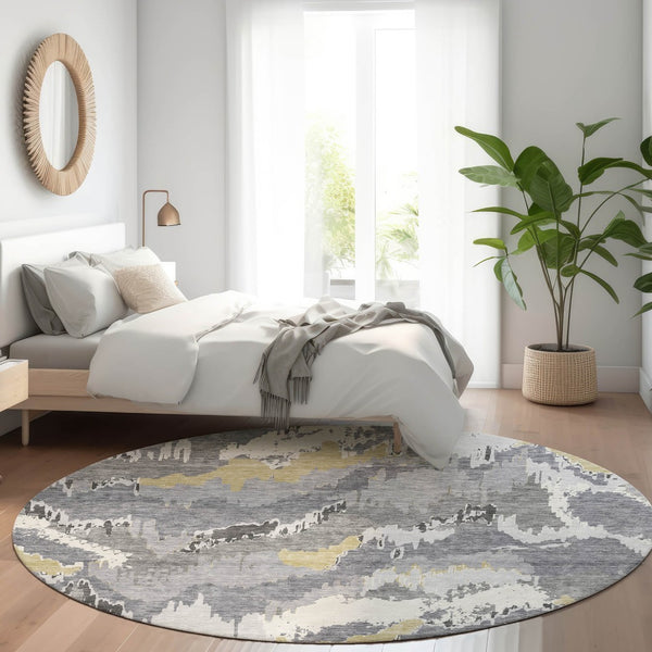 HomeRoots 8' Contemporary Gray Gold Ivory Abstract Washable Round Rug – UV Protected, Stain Resistant Design! 668654