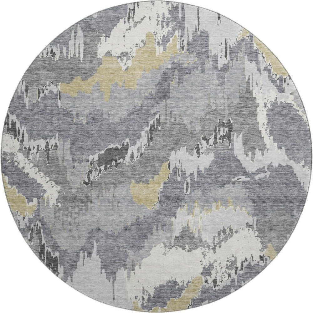 HomeRoots 8' Contemporary Gray Gold Ivory Abstract Washable Round Rug – UV Protected, Stain Resistant Design! 668654
