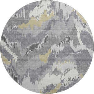 HomeRoots 8' Contemporary Gray Gold Ivory Abstract Washable Round Rug – UV Protected, Stain Resistant Design! 668654