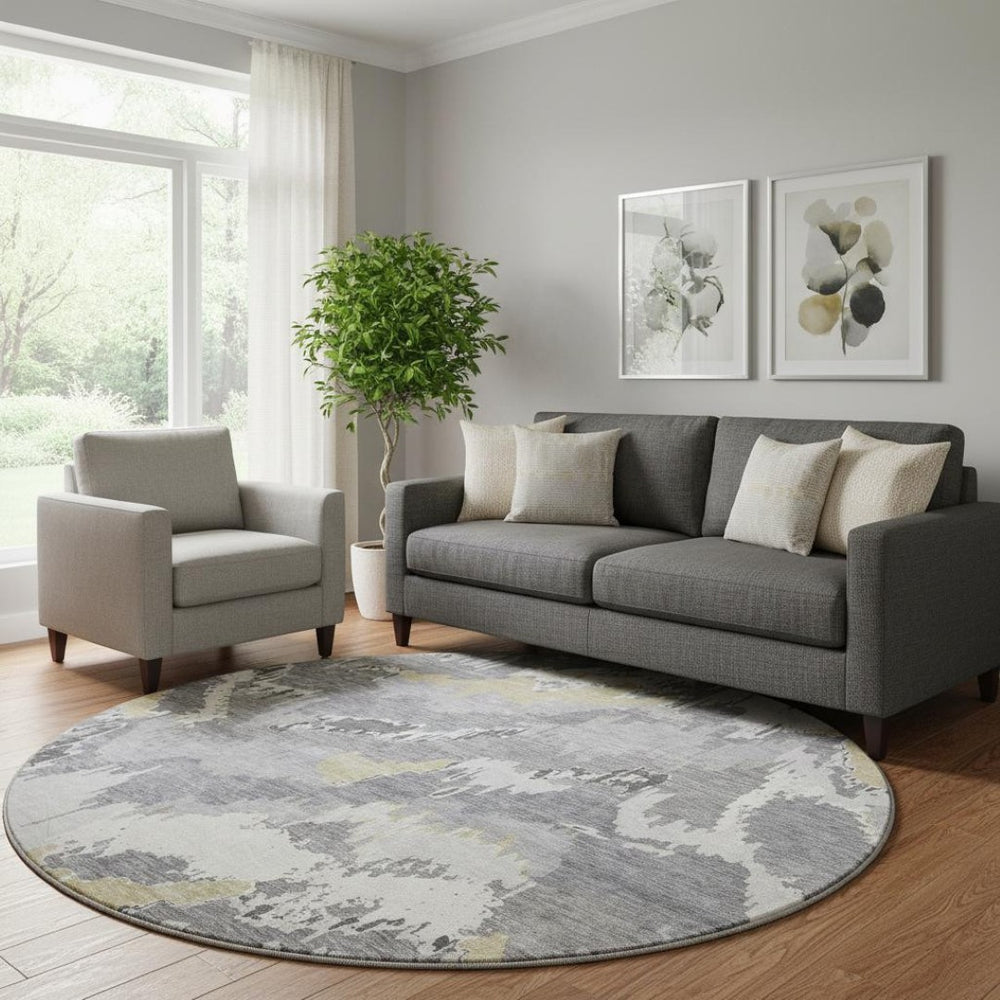 HomeRoots 8' Contemporary Gray Gold Ivory Abstract Washable Round Rug – UV Protected, Stain Resistant Design! 668654
