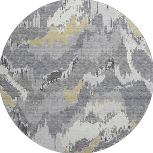 HomeRoots 8' Contemporary Gray Gold Ivory Abstract Washable Round Rug – UV Protected, Stain Resistant Design! 668654