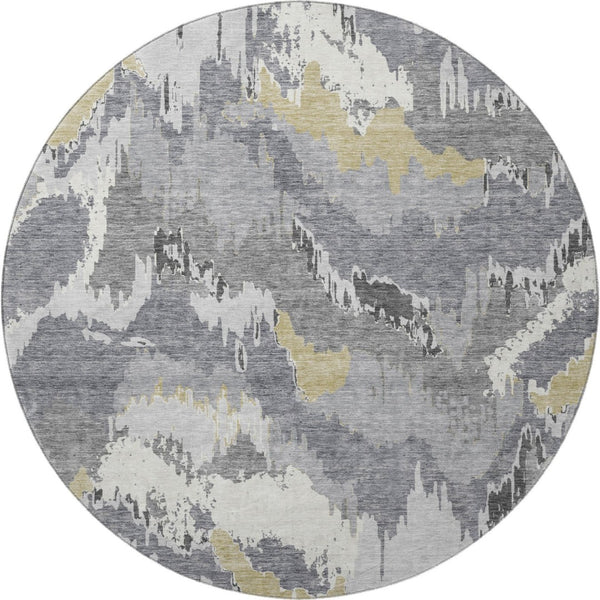 HomeRoots 8' Contemporary Gray Gold Ivory Abstract Washable Round Rug – UV Protected, Stain Resistant Design! 668654