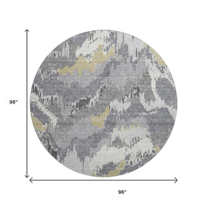 HomeRoots 8' Contemporary Gray Gold Ivory Abstract Washable Round Rug – UV Protected, Stain Resistant Design! 668654