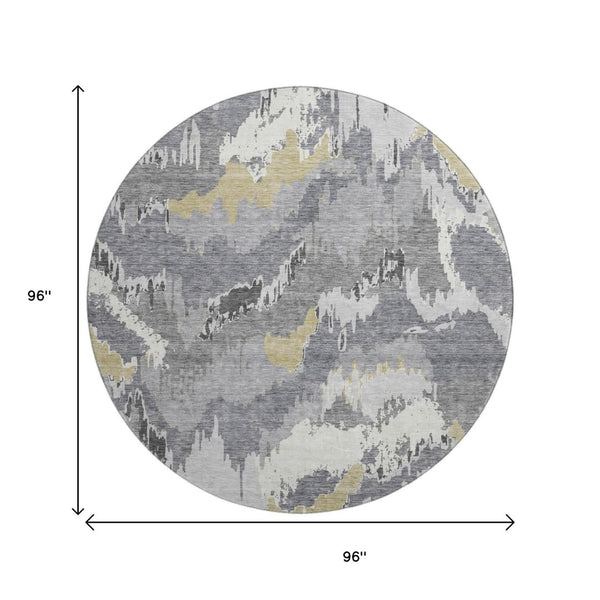 HomeRoots 8' Contemporary Gray Gold Ivory Abstract Washable Round Rug – UV Protected, Stain Resistant Design! 668654