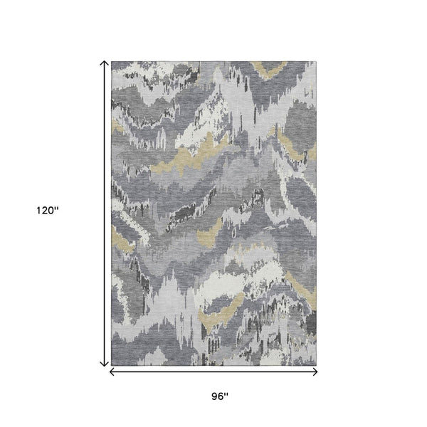 HomeRoots 8' X 10' Washable Gray Gold Ivory Abstract Area Rug - UV Protected, Modern Design for Busy Homes 668655