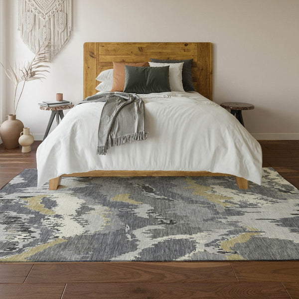 HomeRoots 8' X 10' Washable Gray Gold Ivory Abstract Area Rug - UV Protected, Modern Design for Busy Homes 668655
