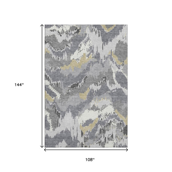 HomeRoots 9' X 12' Stylish Gray Gold Ivory Abstract Washable Area Rug with UV Protection & Stain Resistance 668656