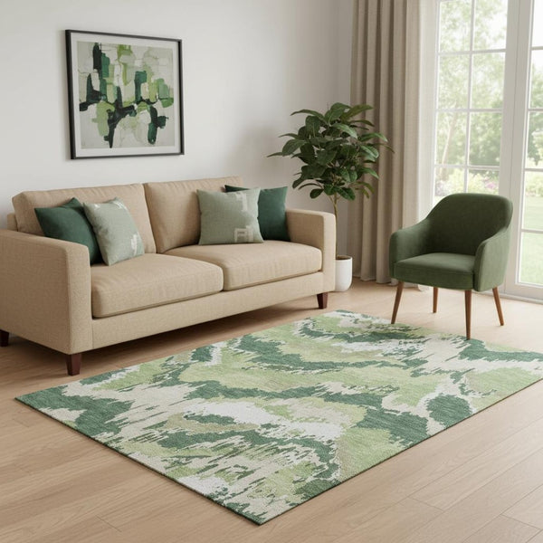 HomeRoots 5' X 8' Abstract Area Rug in Green, Ivory & Beige - Washable, UV Protected, Stain-Resistant Design 668659