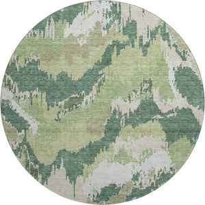 HomeRoots 8' Green Ivory Beige Abstract Round Rug - Washable, UV Resistant, Perfect for Modern Spaces! 668660