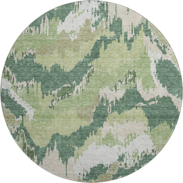 HomeRoots 8' Green Ivory Beige Abstract Round Rug - Washable, UV Resistant, Perfect for Modern Spaces! 668660