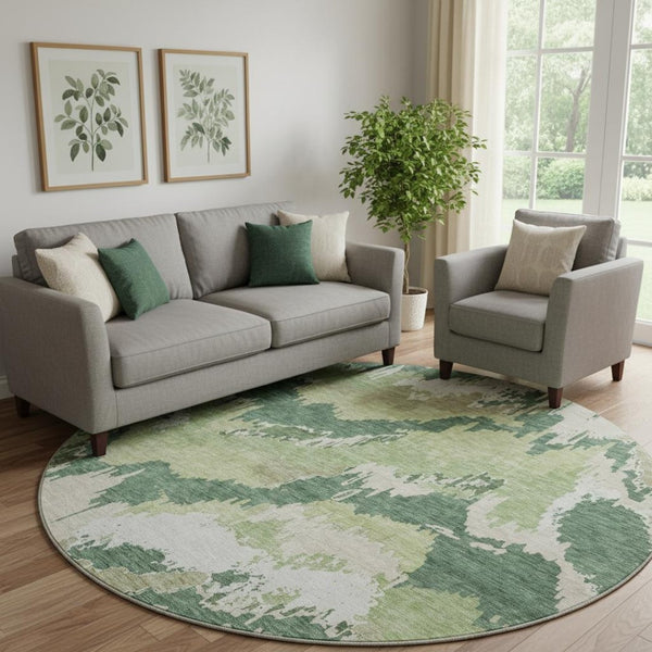 HomeRoots 8' Green Ivory Beige Abstract Round Rug - Washable, UV Resistant, Perfect for Modern Spaces! 668660